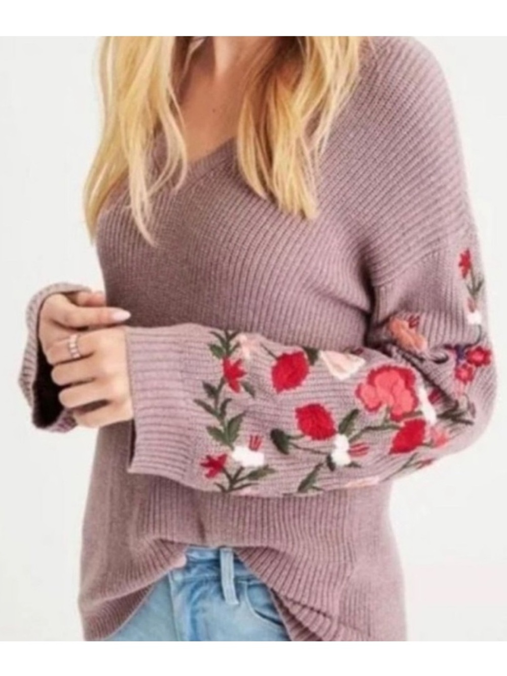 American Eagle Outfitters Mauve V-Neck Sweater with Red & Pink Floral Embroidery